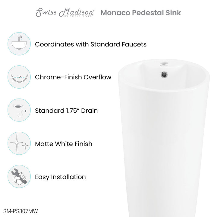 Monaco Circular Basin Pedestal Sink in Matte White