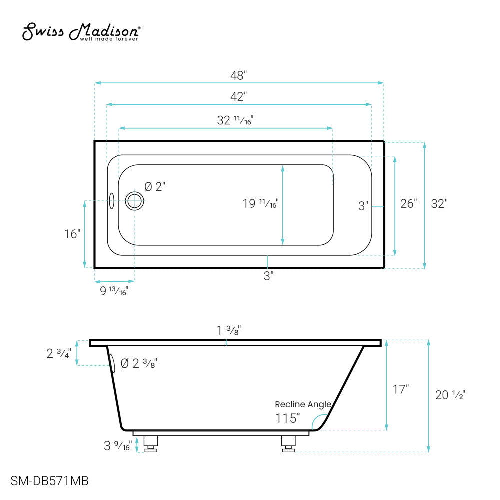 Voltaire 48" x 32" Reversible Drain Drop-In Bathtub in Matte Black