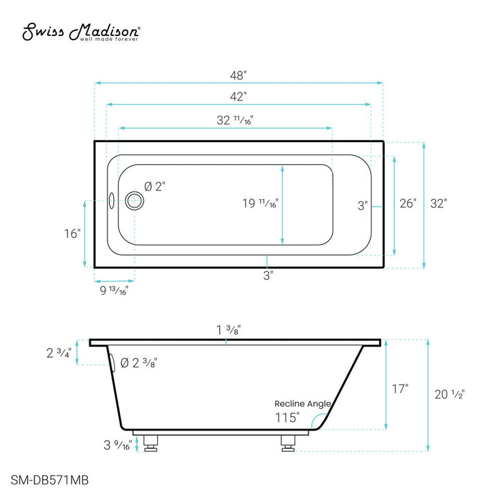 Voltaire 48" x 32" Reversible Drain Drop-In Bathtub in Matte Black