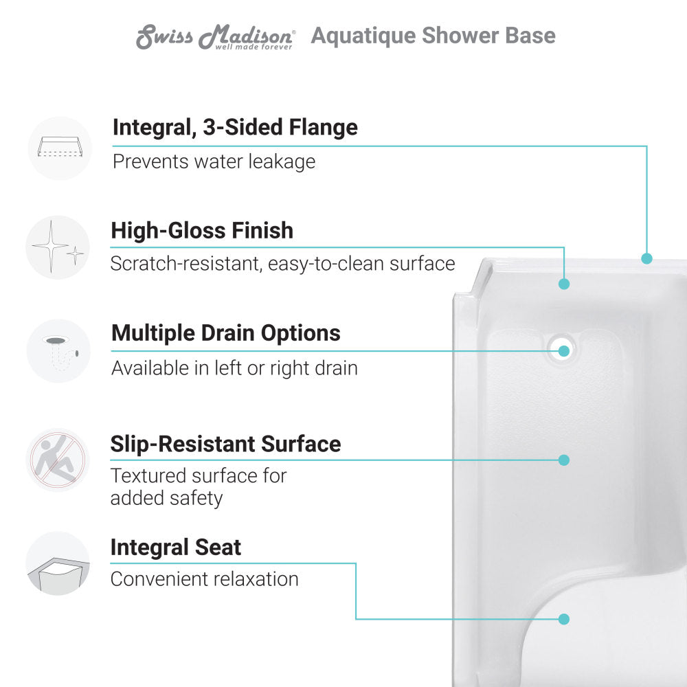 Aquatique 60" x 32" Single Threshold Shower Base With Right Hand Drain and Integral Left Hand Seat in White