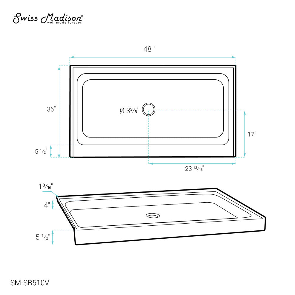 Voltaire 48" x 36" Single-Threshold, Center Drain, Shower Base in Bisque