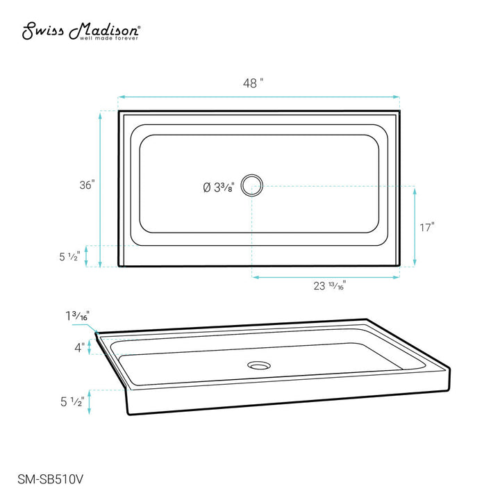 Voltaire 48" x 36" Single-Threshold, Center Drain, Shower Base in Bisque