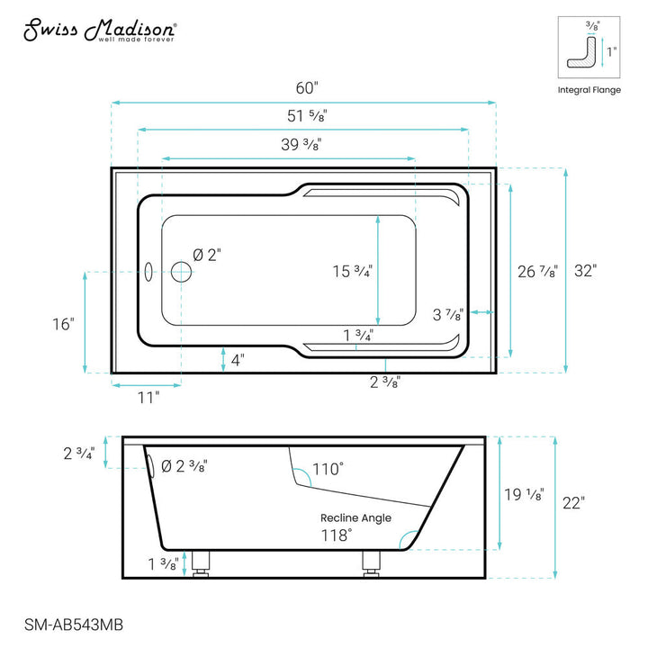 Voltaire 60" x 32" Left-Hand Drain Alcove Bathtub with Apron in Matte Black