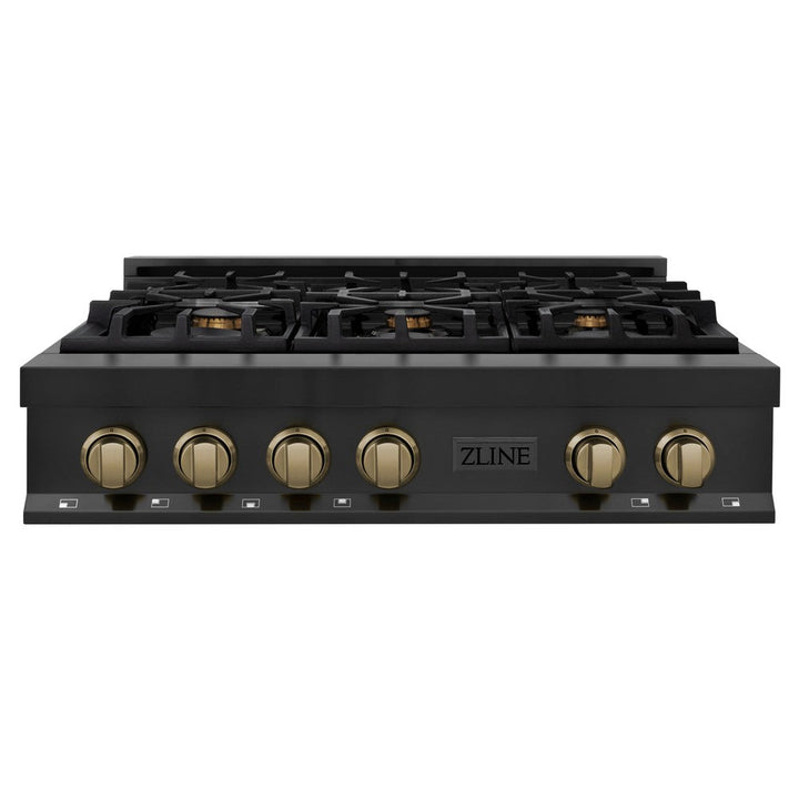 ZLINE Autograph Edition 36 in. Legacy Gas Rangetop with 6 Burners and Porcelain Cooktop in Black Stainless Steel with Champagne Bronze Accents (RTBZ-36-CB)