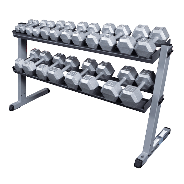 Body Solid GDR60 2 Tier Dumbbell Rack Rack and 5-50 Lb. Cast Iron Dumbbell Set