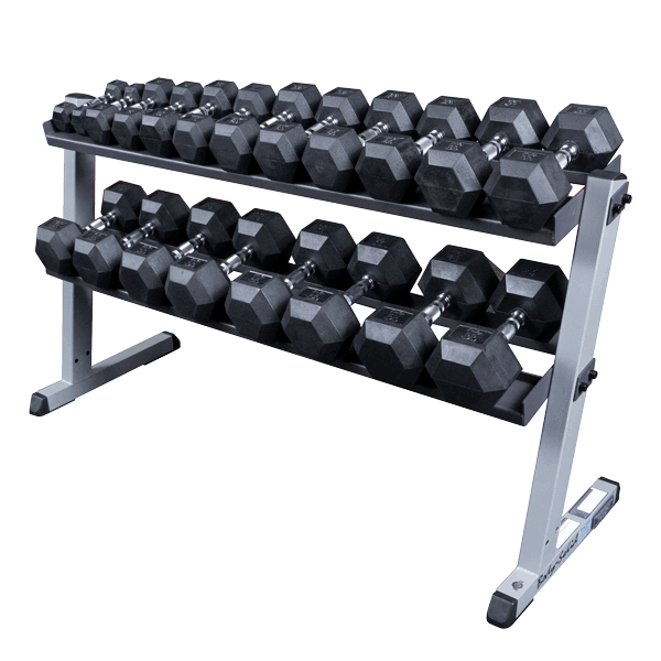 Body Solid GDR60 2 Tier Dumbbell Rack Rack and 5-50 Lb. Rubber Dumbbell Set