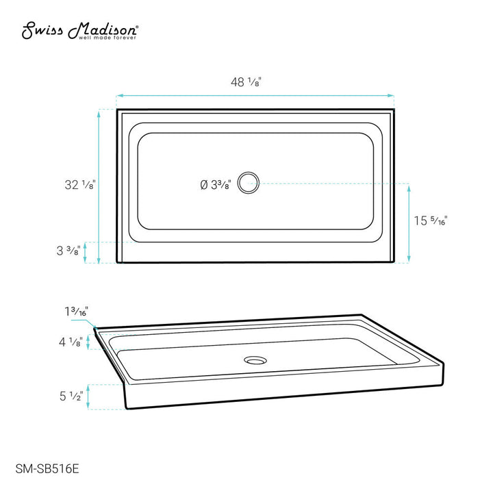 Voltaire 48" x 32" Single-Threshold, Center Drain, Shower Base in Grey