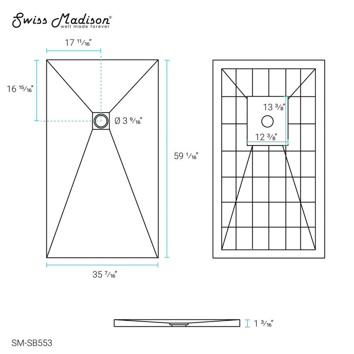 Terre P Series 60" x 36" Reversible Drain Shower Base