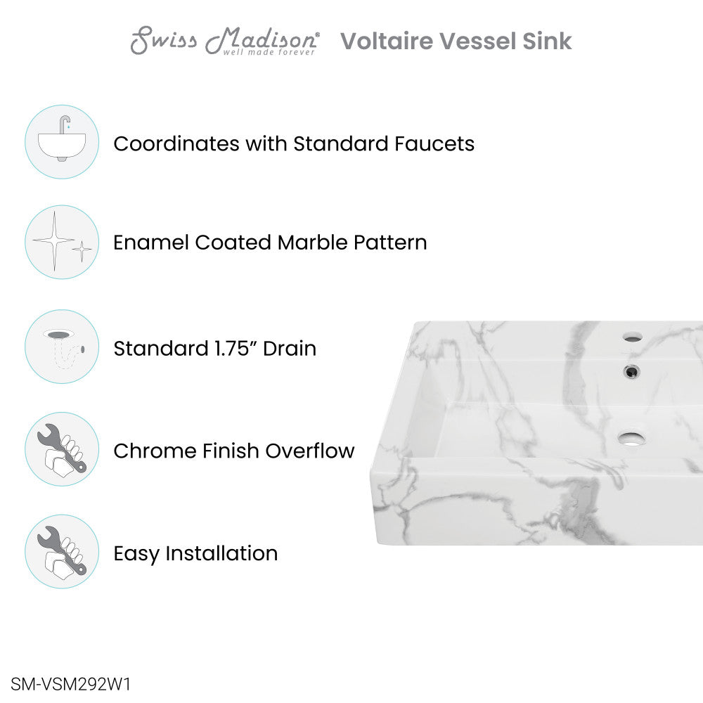 Voltaire Wide Rectangle Vessel Sink in White Marble