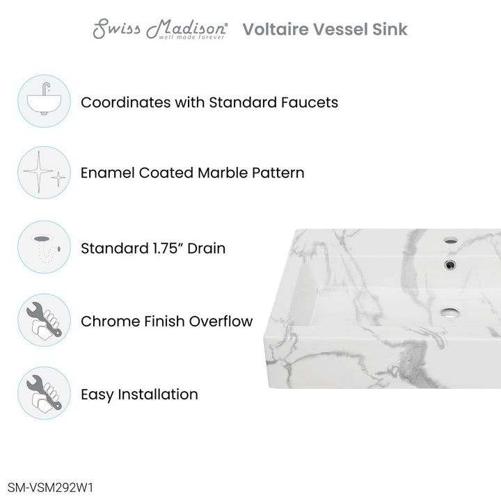 Voltaire Wide Rectangle Vessel Sink in White Marble