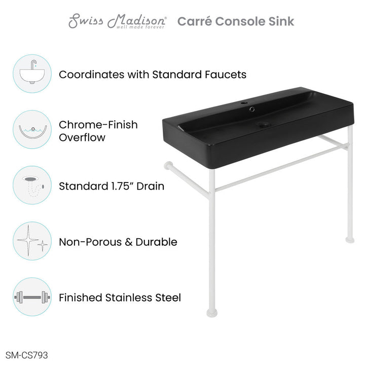 Carre 36 Ceramic Console Sink Matte Black Basin Matte White Legs