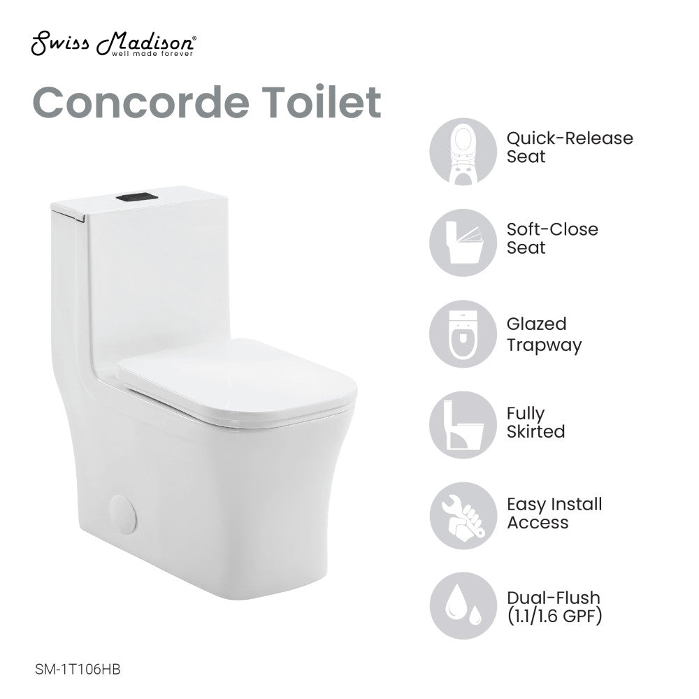 Concorde One Piece Square Toilet Dual Flush, Black Hardware 1.1/1.6 gpf