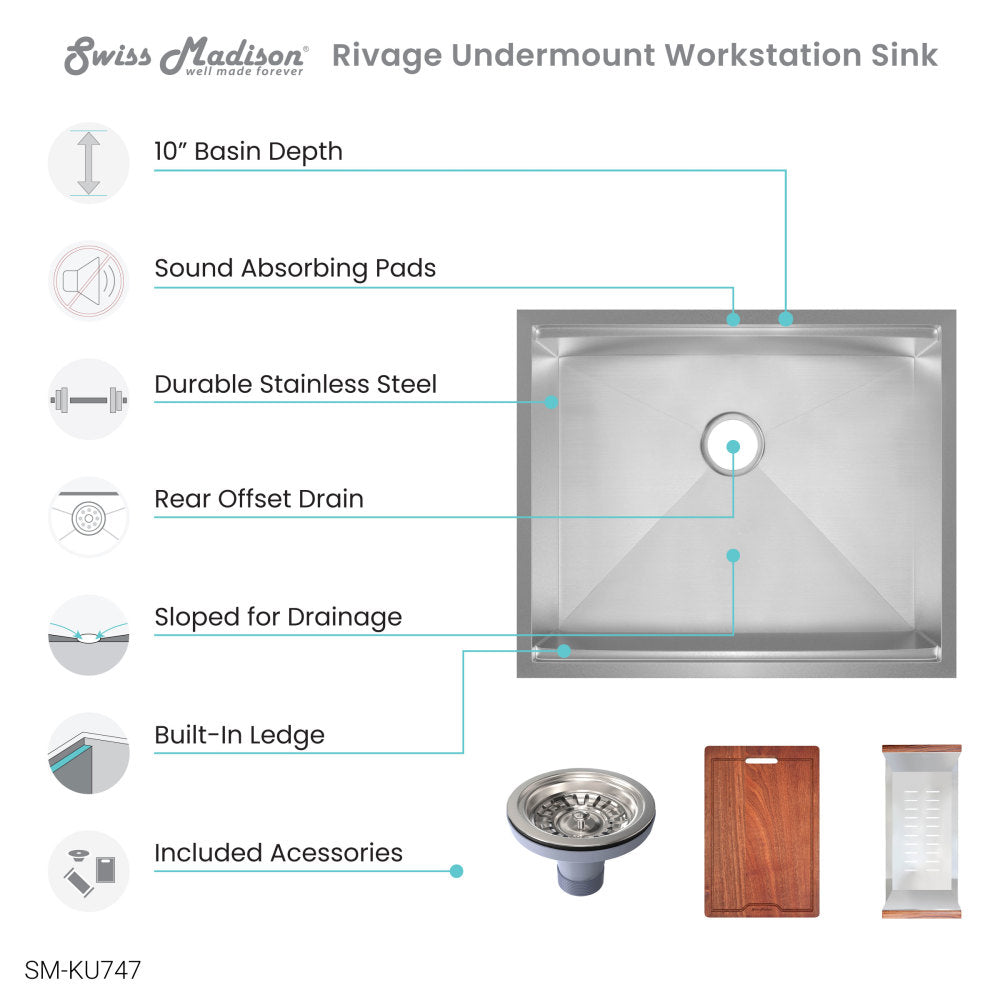 Rivage 27 x 19 Single Basin Undermount Kitchen Workstation Sink