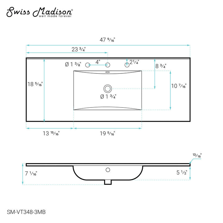 48" Ceramic Vanity Top with Three Faucet Holes in Matte Black