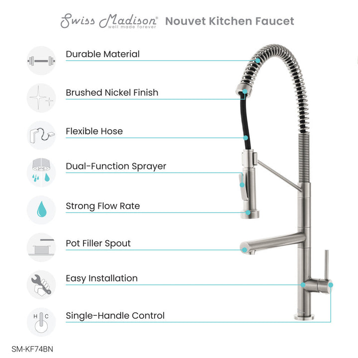 Nouvet Single Handle, Pull-Down Kitchen Faucet with Pot Filler in Brushed Nickel