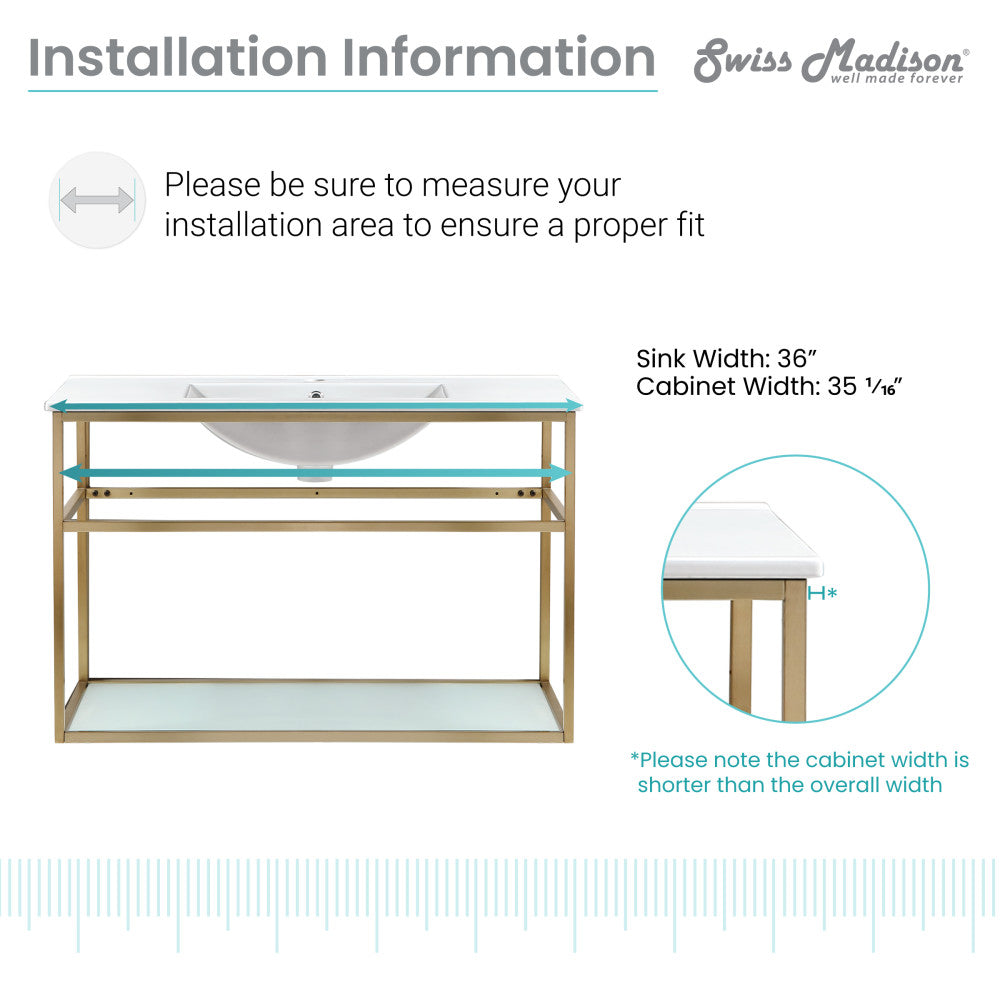 Pierre 36 Single, Open Shelf, Gold Metal Frame Bathroom Vanity