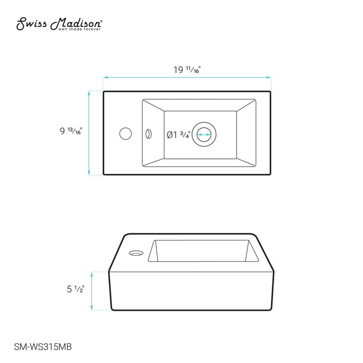 Voltaire 19.5 x 10 Rectangular Ceramic Wall Hung Sink with Left Side Faucet Mount, Matte Black