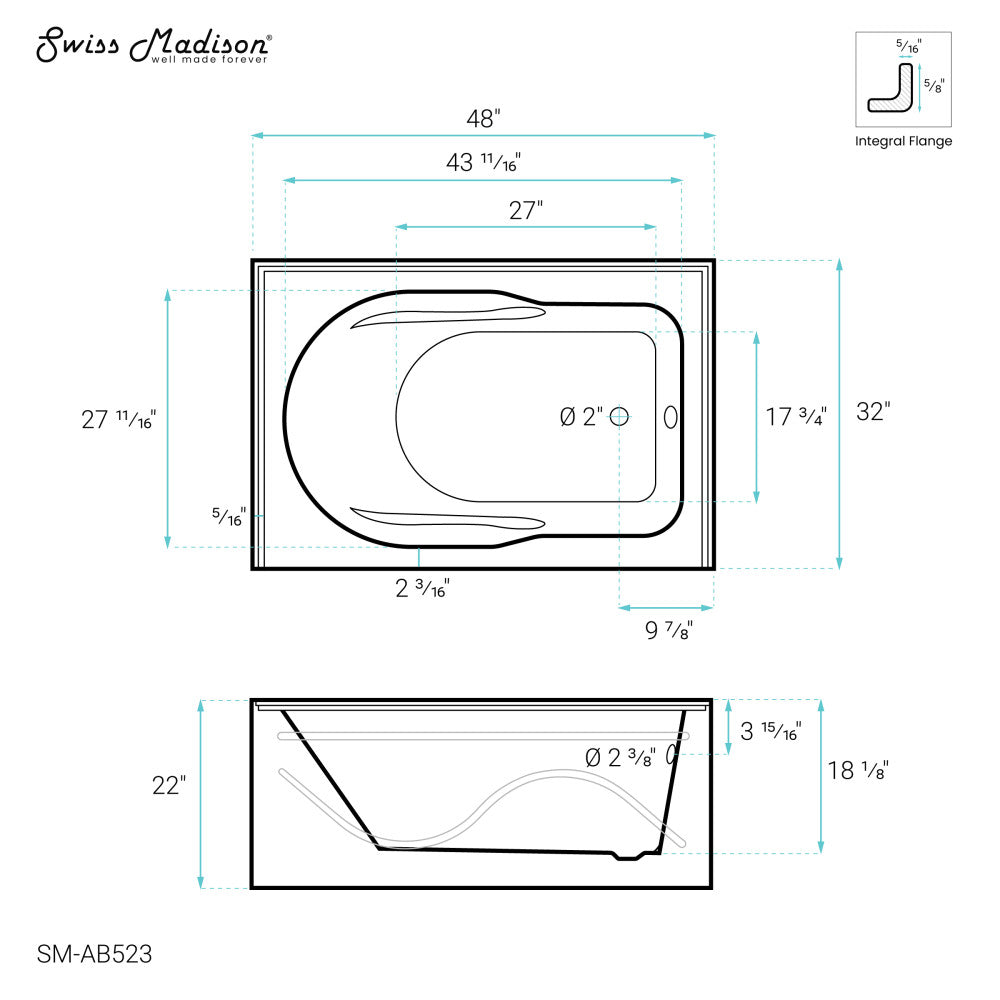 Ivy 48'' x 32" Bathtub with Apron Right Hand Drain in White