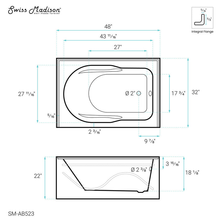 Ivy 48'' x 32" Bathtub with Apron Right Hand Drain in White