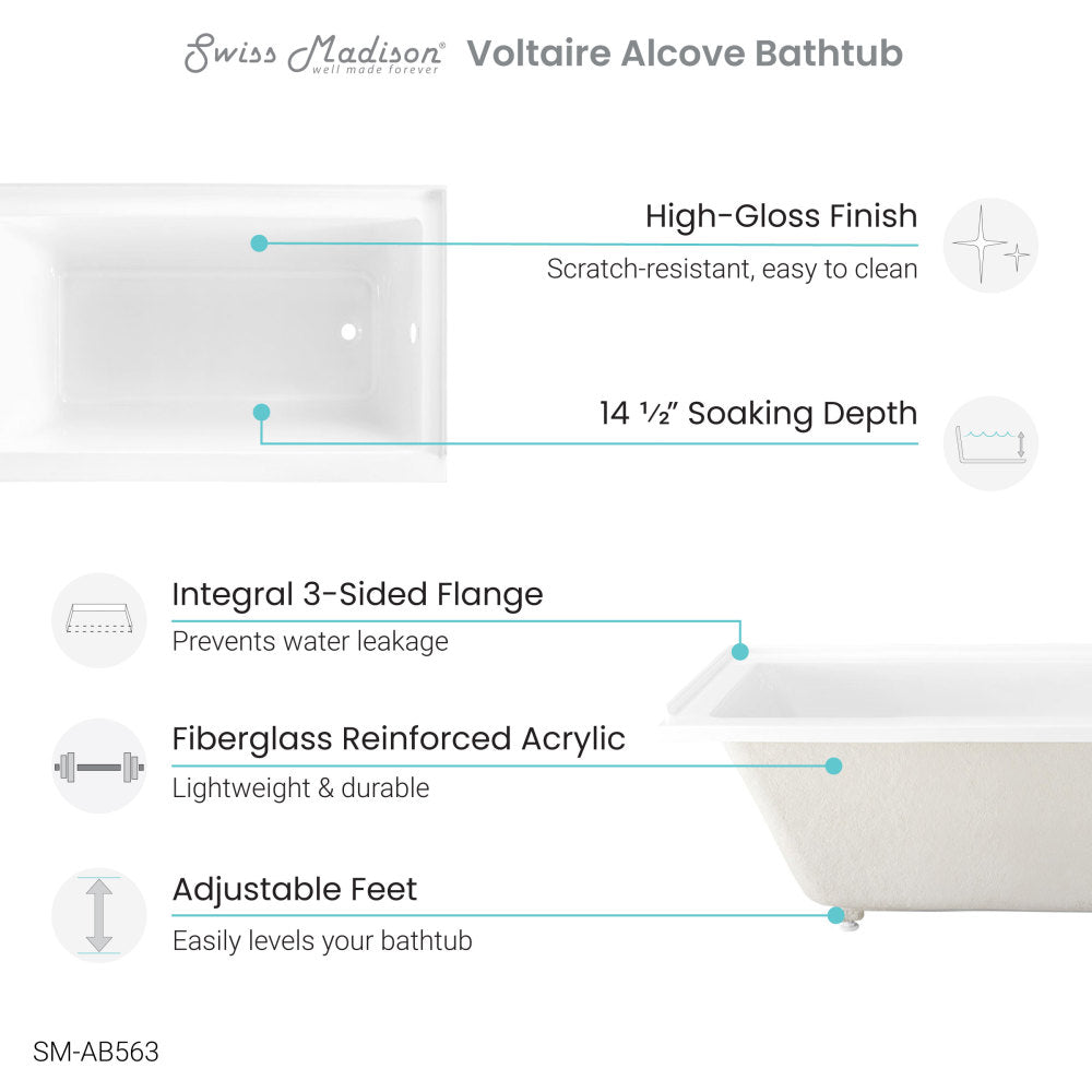 Voltaire 54" x 30" Acrylic Glossy White, Alcove, Integral Right-Hand Drain, Bathtub