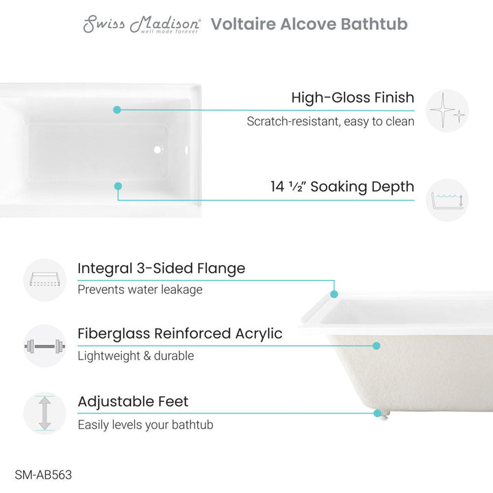 Voltaire 54" x 30" Acrylic Glossy White, Alcove, Integral Right-Hand Drain, Bathtub