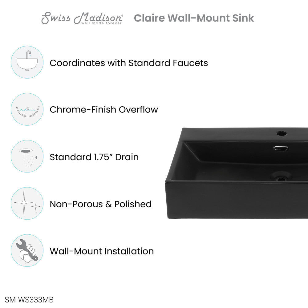 Claire 30" Rectangle Wall-Mount Bathroom Sink in Matte Black