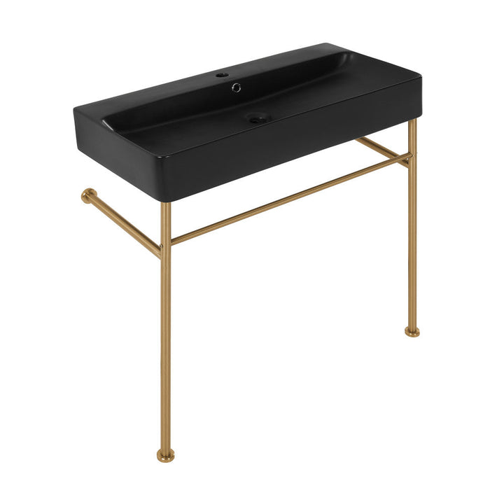 Carre 36 Ceramic Console Sink Matte Black Basin Brushed Gold Legs