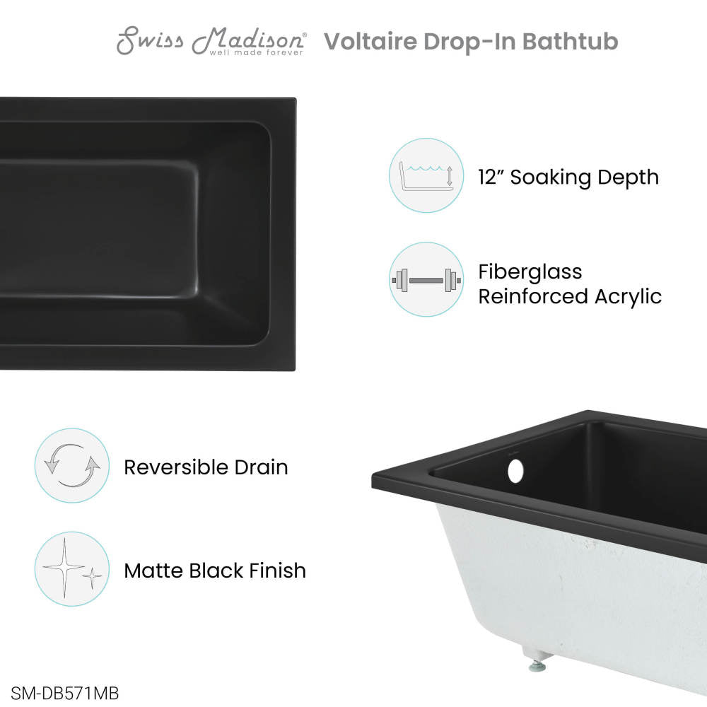 Voltaire 48" x 32" Reversible Drain Drop-In Bathtub in Matte Black