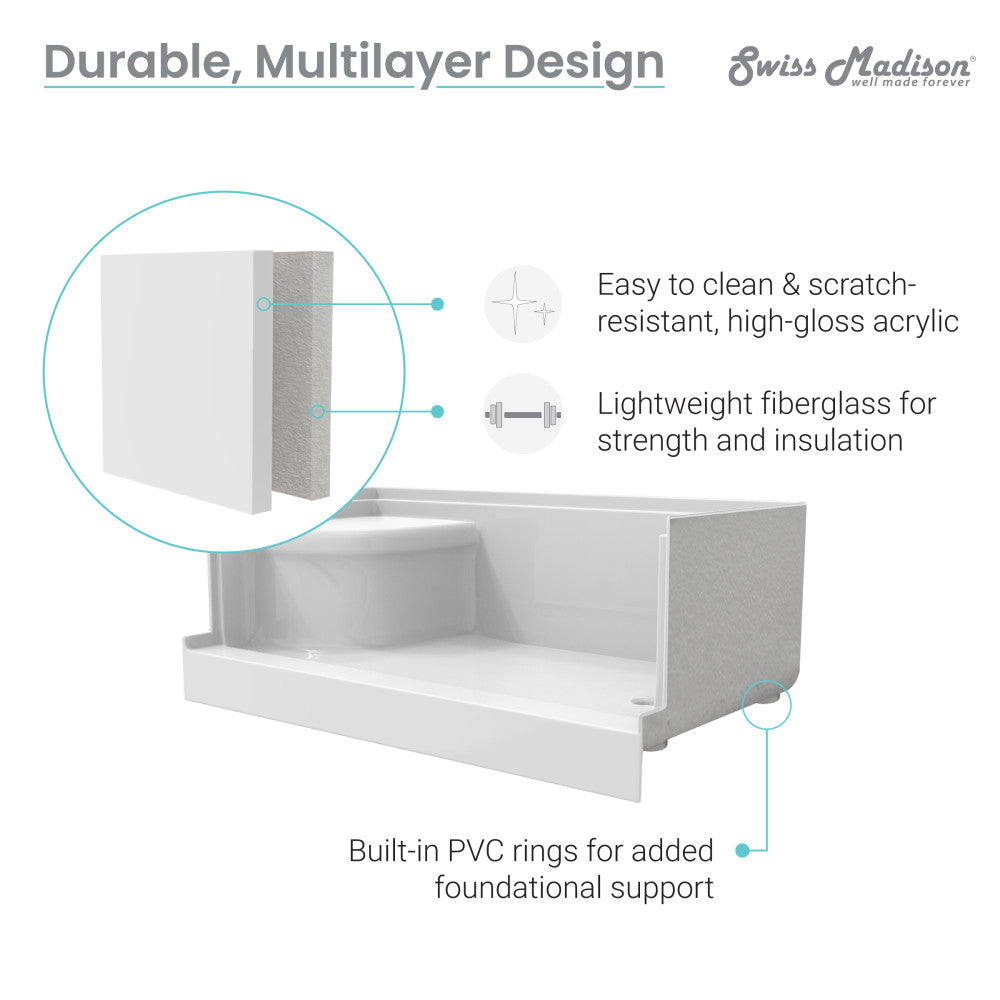 Aquatique 60" x 32" Single Threshold Shower Base With Right Hand Drain and Integral Left Hand Seat in White