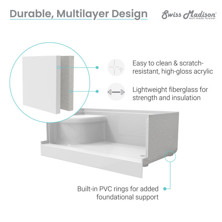 Aquatique 60" x 32" Single Threshold Shower Base With Right Hand Drain and Integral Left Hand Seat in White