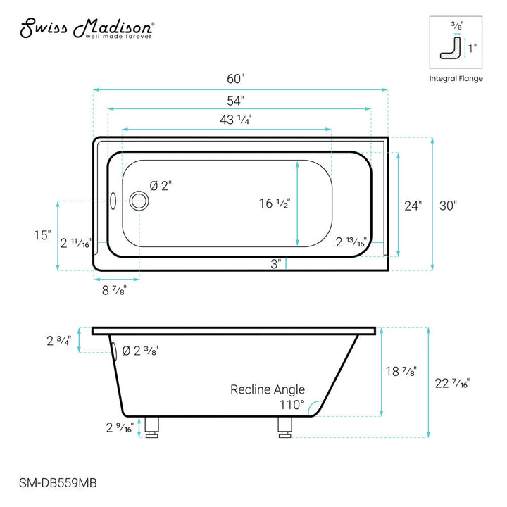 Voltaire 60" x 30" Left-Hand Drain Alcove Bathtub in Matte Black