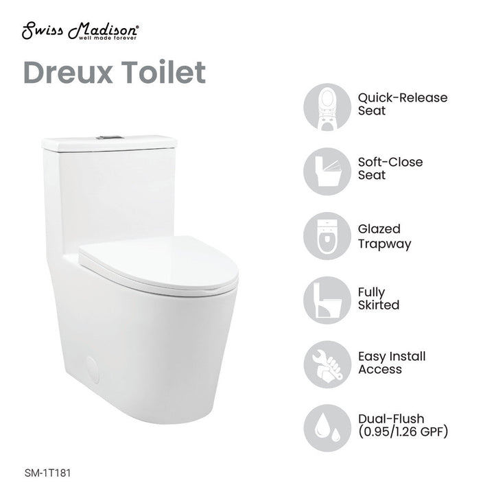 Dreux One Piece Elongated Dual Flush Toilet with 0.95/1.26 GPF
