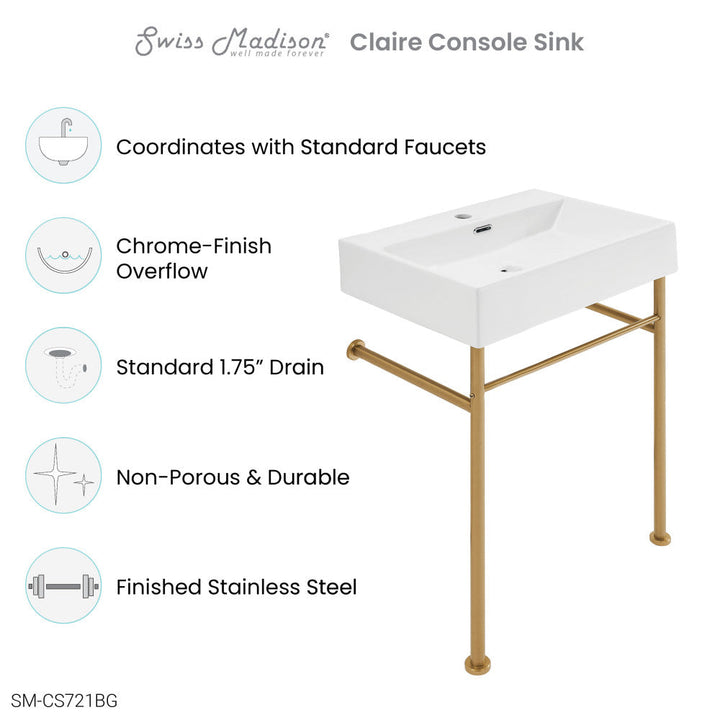 Claire 24 Ceramic Console Sink White Basin Brushed Gold Legs