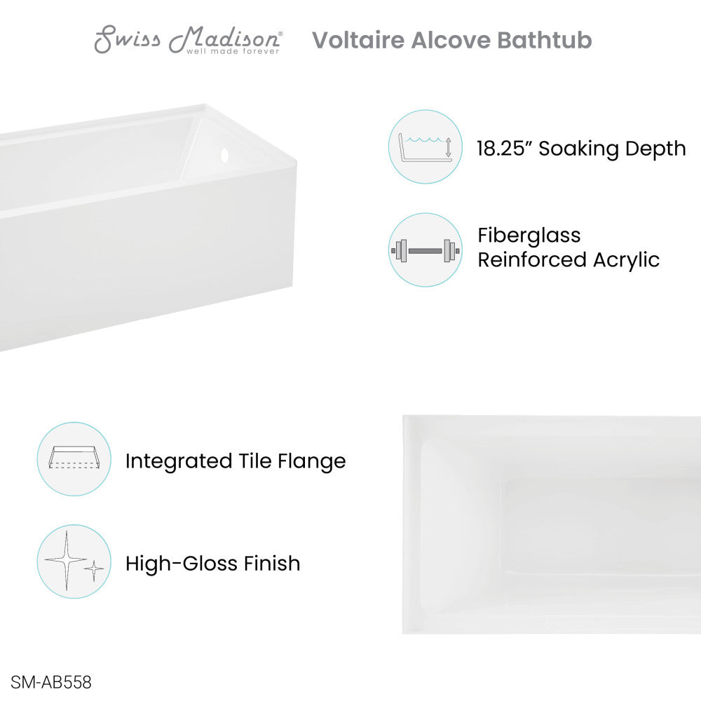 Voltaire 54" x 30" Right-Hand Drain Alcove Bathtub with Apron