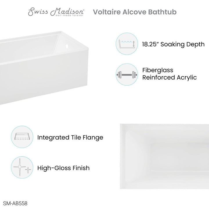 Voltaire 54" x 30" Right-Hand Drain Alcove Bathtub with Apron