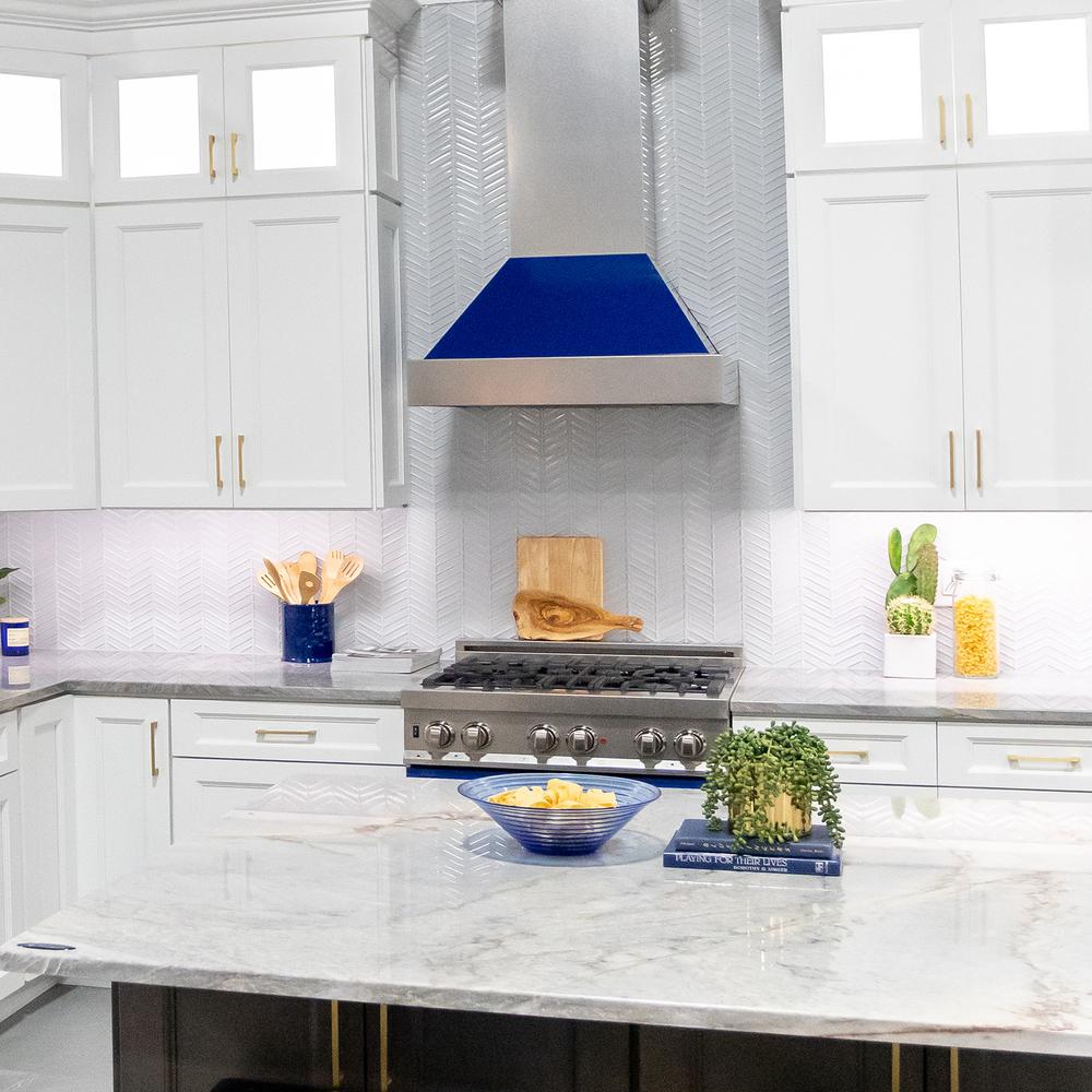 Snow Finish Range Hood with Blue Gloss Shell (8654BG-36)  ZLINE 36"