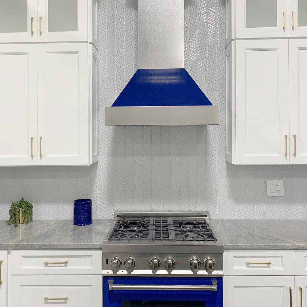 Snow Finish Range Hood with Blue Gloss Shell (8654BG-48)  ZLINE 48"