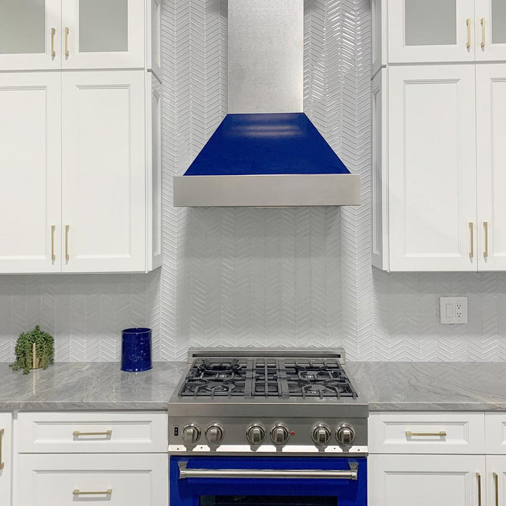 Snow Finish Range Hood with Blue Gloss Shell (8654BG-48)  ZLINE 48"