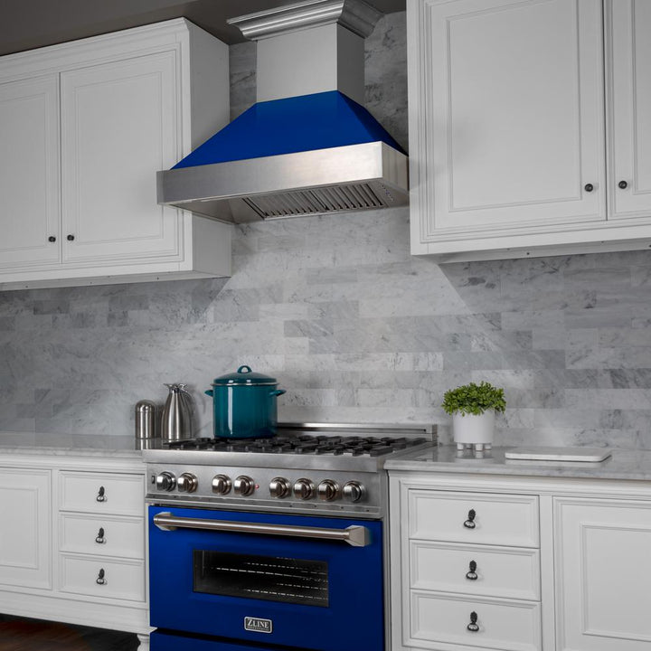 Snow Finish Range Hood with Blue Gloss Shell (8654BG-48)  ZLINE 48"