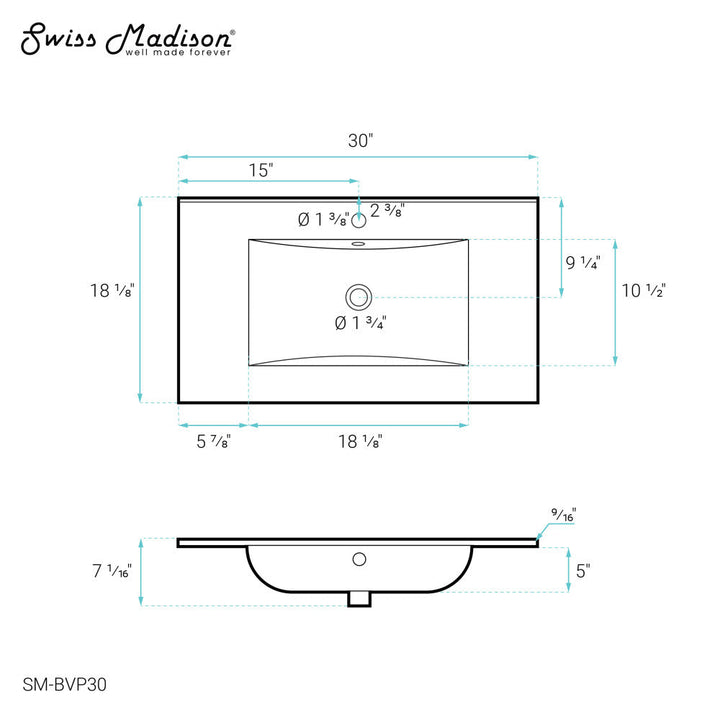 30" Ceramic Vanity Sink Top