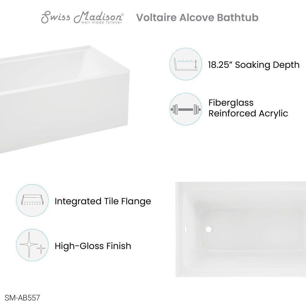 Voltaire 54" x 30" Left-Hand Drain Alcove Bathtub with Apron