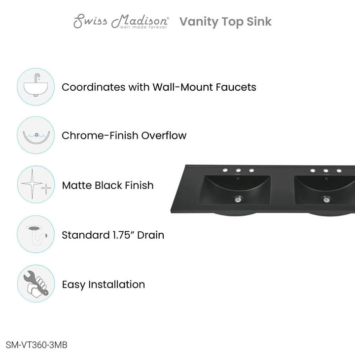 60 inch Vanity Top Bathroom Sink in Matte Black with 3 Holes