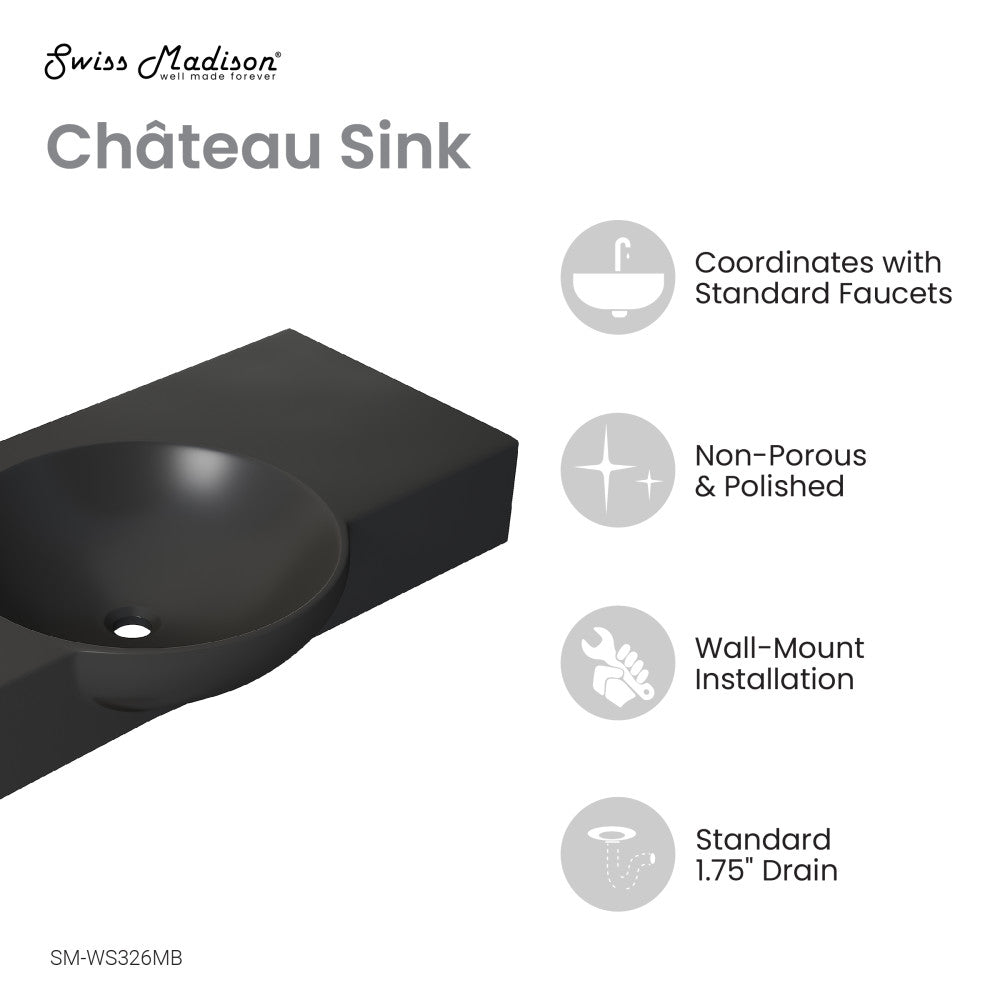 Chateau 30" Left Side Faucet Wall-Mount Bathroom Sink in Matte Black
