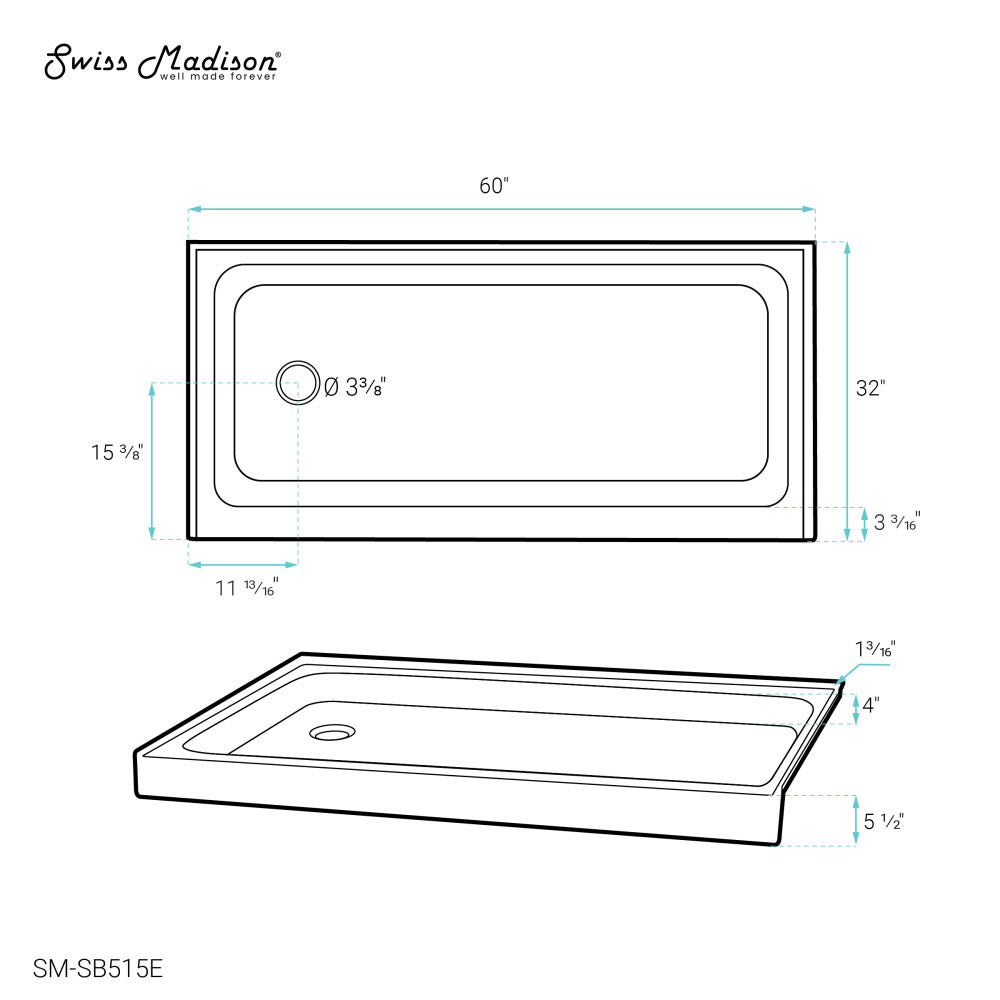 Voltaire 60" x 32" Single-Threshold, Left-Hand Drain, Shower Base in Grey