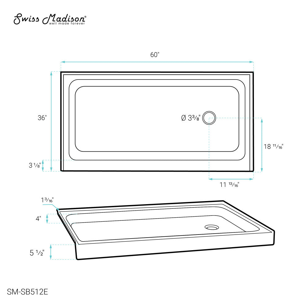 Voltaire 60" x 36" Single-Threshold, Right-Hand Drain, Shower Base in Grey