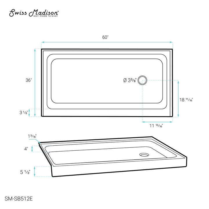 Voltaire 60" x 36" Single-Threshold, Right-Hand Drain, Shower Base in Grey