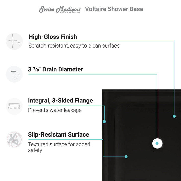 Voltaire 48" x 32" Acrylic Black, Single-Threshold, Center Drain, Shower Base