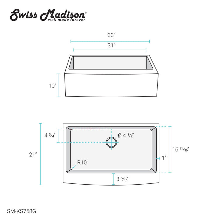Rivage 33 x 21 Stainless Steel, Single Basin, Farmhouse Kitchen Sink with Apron in Gold