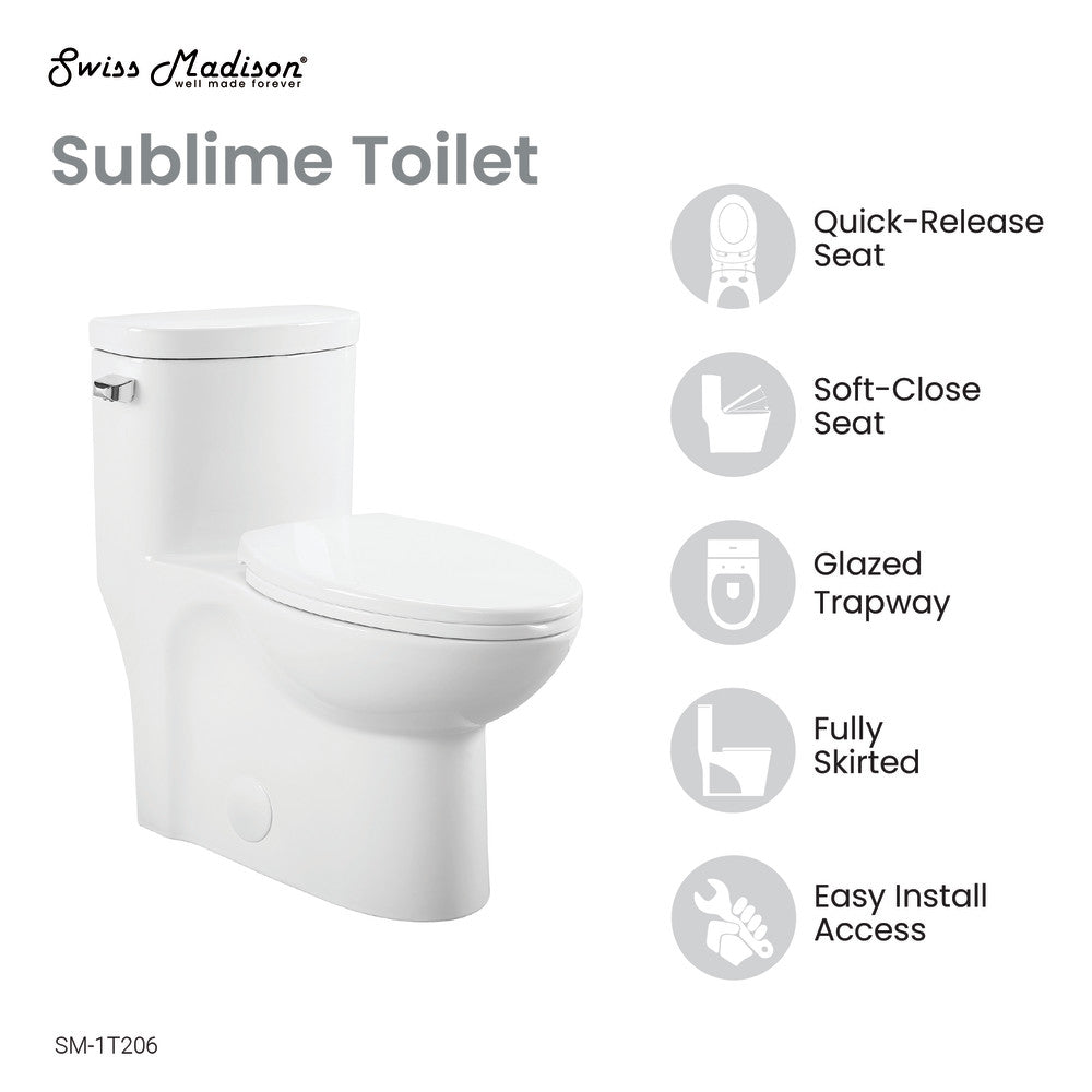 Sublime One-Piece Elongated Left Side Flush Handle Toilet 1.28 gpf