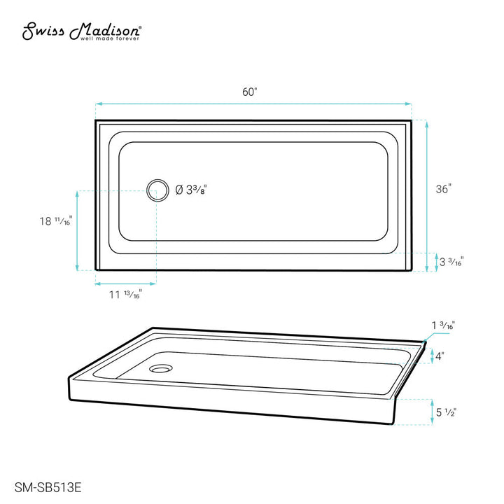 Voltaire 60" x 36" Single-Threshold, Left-Hand Drain, Shower Base in Grey